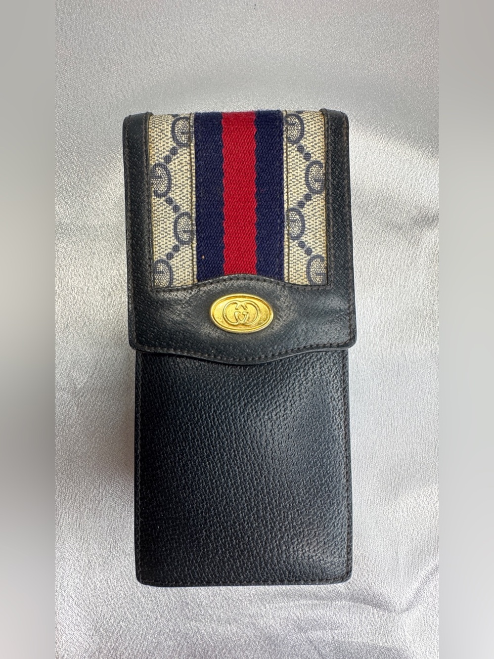 Gucci Vintage Blue Leather and Canvas Pouch/Sunglass Case Blue-Red Web Stripe